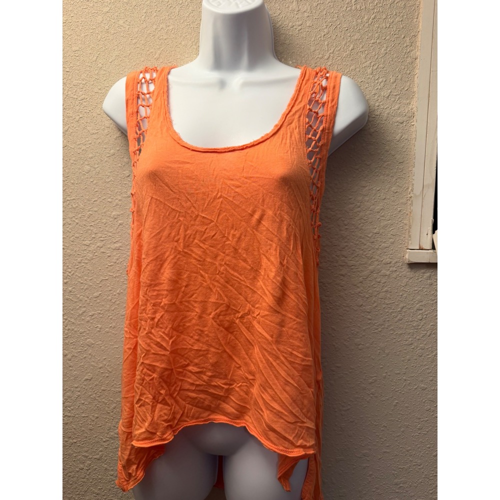 Free People Orange Crochet Knit High Low Tank Top Scoop Neck Medium